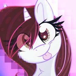 Size: 2000x2000 | Tagged: safe, artist:lbrcloud, oc, oc only, oc:brittneigh ackermane, pony, unicorn, bust, cheek fluff, eye clipping through hair, eyebrows, eyebrows visible through hair, female, high res, looking at you, mare, pixelated, portrait, smiling, smiling at you, solo, tongue out