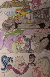 Size: 900x1372 | Tagged: safe, artist:jebens1, pinkie pie, sonata dusk, spike, starlight glimmer, twilight sparkle, equestria girls, g4, comic, keno, michelangelo, pedal, story included, teenage mutant ninja turtles, traditional art, twilight sparkle (human)