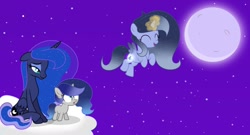Size: 1280x691 | Tagged: safe, artist:stellamoonshineyt, princess luna, oc, oc:luminous moon, oc:stella moonshine, pony, g4, 5-year-old, cloud, cutiespark, female, filly, magic, moon, night, offspring, parent:princess luna, parent:stygian, parents:styuna