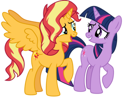 Size: 1024x800 | Tagged: safe, artist:emeraldblast63, sunset shimmer, twilight sparkle, alicorn, pony, unicorn, g4, alicornified, alternate universe, backwards cutie mark, duo, duo female, female, grin, looking at each other, open mouth, race swap, raised hoof, role reversal, shimmercorn, simple background, smiling, transparent background, unicorn twilight
