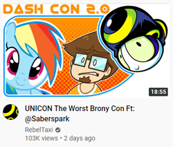 Size: 372x315 | Tagged: safe, rainbow dash, human, pegasus, g4, las pegasus unicon, reaction image, rebeltaxi, saberspark, thumbnail, unicon, video at source, youtube