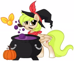 Size: 2048x1706 | Tagged: safe, artist:thehaywaiianhorse, oc, oc only, oc:pixie, fairy, pegasus, pony, cauldron, clothes, feather, hat, looking at you, pumpkin, scarf, simple background, solo, white background, witch hat