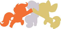 Size: 8794x4305 | Tagged: safe, artist:wissle, apple bloom, scootaloo, sweetie belle, earth pony, pegasus, pony, unicorn, g4, the cart before the ponies, absurd resolution, best friends, cutie mark crusaders, female, filly, hoofbump, jumping, silhouette, simple background, transparent background, vector