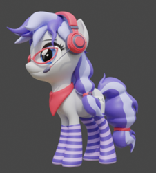 Size: 271x300 | Tagged: safe, artist:sgt.acey, oc, oc only, oc:cinnabyte, earth pony, pony, 3d, clothes, glasses, headphones, modeling, scarf, socks, solo, striped socks