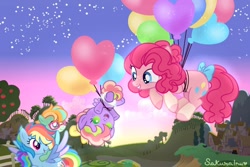 Size: 1024x684 | Tagged: safe, artist:hopenotfound, pinkie pie, rainbow dash, oc, oc:ocean beats, oc:sunlight, earth pony, pony, g4, baby, baby pony, balloon, bow, female, floating, lesbian, magical lesbian spawn, offspring, parent:pinkie pie, parent:rainbow dash, parents:pinkiedash, ship:pinkiedash, shipping, tail bow, then watch her balloons lift her up to the sky
