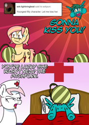 Size: 1280x1786 | Tagged: safe, artist:ladyanidraws, nurse redheart, oc, oc:lightning beat, oc:melony, earth pony, pegasus, pony, ask pun, g4, ask, food, melon