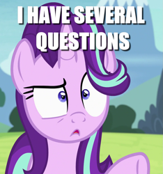 Size: 987x1053 | Tagged: safe, edit, edited screencap, screencap, starlight glimmer, pony, unicorn, g4, rock solid friendship, season 7, caption, cropped, female, i have several questions, image macro, jontron, mare, meme, solo, starlight glimmer is best facemaker, text