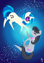 Size: 1748x2480 | Tagged: safe, artist:dawn-designs-art, dj pon-3, octavia melody, vinyl scratch, earth pony, pony, unicorn, g4, abstract, abstract art, abstract background, duo, duo female, female, floating, mare, minimalist, modern art