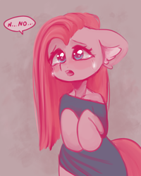 Size: 800x1000 | Tagged: safe, artist:valeria_fills, pinkie pie, earth pony, pony, g4, bipedal, clothes, crying, digital art, dress, female, floppy ears, hooves, long mane, mare, open mouth, pinkamena diane pie, solo, speech bubble, tail, text