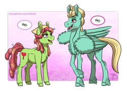 Size: 1408x1000 | Tagged: safe, artist:inuhoshi-to-darkpen, tree hugger, zephyr breeze, earth pony, pegasus, pony, g4, chest fluff, dialogue, ear fluff, female, hey, hoof fluff, looking at each other, male, open mouth, raised hoof, shipping, smiling, speech bubble, straight, wing fluff, zephyrhugger