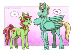 Size: 1408x1000 | Tagged: safe, artist:inuhoshi-to-darkpen, tree hugger, zephyr breeze, earth pony, pegasus, pony, g4, chest fluff, dialogue, ear fluff, female, hey, hoof fluff, looking at each other, male, open mouth, raised hoof, ship:zephyrhugger, shipping, smiling, speech bubble, straight, wing fluff