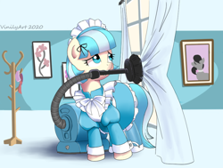 Size: 844x637 | Tagged: safe, artist:vinilyart, coco pommel, octavia melody, earth pony, pony, clothes, cocobetes, curtains, cute, female, maid, mare, mouth hold, picture frame, solo, vacuum cleaner, window