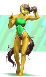 Size: 2850x4750 | Tagged: safe, artist:mykegreywolf, oc, oc only, oc:archer, earth pony, anthro, unguligrade anthro, armpits, athletic, breasts, clothes, ear fluff, female, high-cut clothing, hoers, legs, one-piece swimsuit, reasonably sized breasts, sexy, smiling, solo, swimsuit, teeth, thighs, toned, tricolor swimsuit