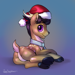 Size: 3000x3000 | Tagged: safe, artist:jedayskayvoker, oc, oc only, deer, deer pony, original species, butt, christmas, clothes, cloven hooves, deer oc, gradient background, hat, high res, holiday, looking at you, male, plot, santa hat, scarf, solo