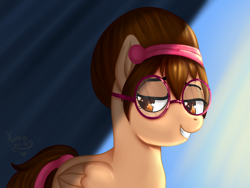 Size: 4000x3000 | Tagged: safe, artist:yumomochan, oc, oc:beauty paint, pegasus, pony, blue background, female, glasses, hairband, lidded eyes, mare, original character do not steal, pegasus oc, shadow, simple background, smiling, wings