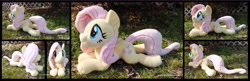 Size: 5400x1754 | Tagged: safe, artist:peruserofpieces, fluttershy, pegasus, pony, g4, beanie (plushie), female, irl, looking at you, lying down, mare, multiple views, photo, plushie, prone, smiling, smiling at you, solo, tree