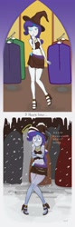Size: 2000x6000 | Tagged: safe, artist:segiem-nemsen, rarity, equestria girls, g4, 2 panel comic, bare shoulders, belly button, blowing a kiss, clothes, cold, comic, costume, crossed arms, feet, female, fetish, frame, freezing, freezing fetish, gritted teeth, halloween, halloween costume, hat, high heels, high res, holiday, icicle, jewelry, leather skirt, legs, looking at you, midriff, one eye closed, reality ensues, sandals, shaking, shivering, shoes, short comic, skirt, snow, snowfall, solo, straps, wink, winking at you, winter, witch, witch hat