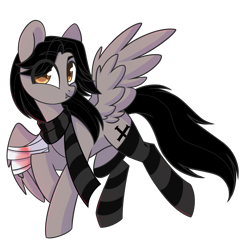 Size: 2018x2048 | Tagged: safe, artist:cloud-fly, oc, oc only, pegasus, pony, bandage, bandaged wing, blood, broken wing, clothes, commission, eye clipping through hair, fangs, gerard way, hair over one eye, happy, high res, male, my chemical romance, ponified, scarf, simple background, socks, solo, spread wings, stallion, striped socks, transparent background, wings, ych result