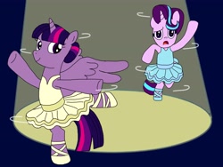 Size: 4032x3024 | Tagged: safe, artist:joeysclues, starlight glimmer, twilight sparkle, alicorn, pony, unicorn, a royal problem, g4, ballerina, ballet, ballet slippers, braided ponytail, clothes, dancing, duo, glimmerina, tutu, twilarina, twilight sparkle (alicorn)