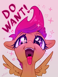 Size: 1322x1746 | Tagged: safe, artist:xbi, scootaloo, pegasus, pony, g4, cute, cutealoo, esophagus, female, filly, gradient background, heart, licking the fourth wall, mare, mawshot, open mouth, saliva puddle, salivating, slimy, solo, spread wings, text, tongue out, uvula, want, wings