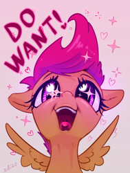 Size: 1322x1746 | Tagged: safe, alternate version, artist:xbi, scootaloo, pegasus, pony, g4, cute, cutealoo, daaaaaaaaaaaw, female, filly, gradient background, heart, infatuation, mare, solo, spread wings, starry eyes, text, tongue out, want, wingding eyes, wings