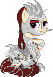 Size: 885x1279 | Tagged: safe, alternate version, artist:php178, derpibooru exclusive, oc, oc only, oc:rampage, earth pony, pony, fallout equestria, fallout equestria: project horizons, .svg available, armor, armored pony, fanfic art, prone, sad, shoulder touch, simple background, sitting, solo, svg, transparent background, vector, zebra stripes