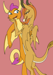 Size: 2480x3508 | Tagged: safe, artist:leeloo, ocellus, smolder, changeling, dragon, g4, blushing, disguise, disguised changeling, dragon ocellus, duo, female, high res, lesbian, older, older ocellus, older smolder, seduction, ship:smolcellus, shipping, transformation
