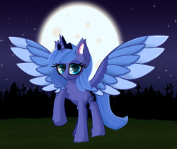 Size: 4500x3777 | Tagged: safe, artist:windykirin, princess luna, alicorn, pony, g4, absurd resolution, colored wings, ear fluff, female, mare, moon, multicolored wings, night, raised hoof, s1 luna, solo, wings