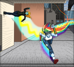 Size: 3600x3228 | Tagged: safe, artist:artemis-polara, lightning dust, rainbow dash, equestria girls, g4, burning, city, clothes, converse, damage, equestria girls-ified, fight, fire, geode of super speed, goggles, high res, jacket, magical geodes, pants, shirt, shoes, wreckage