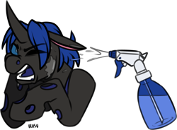 Size: 2248x1657 | Tagged: safe, artist:lrusu, part of a set, oc, oc only, oc:swift dawn, changeling, pony, :c, annoyed, bad pony, blue changeling, changeling oc, commission, eyebrows, eyebrows visible through hair, flinch, floppy ears, frown, glare, male, one eye closed, open mouth, pony pet, punishment, raised hoof, signature, simple background, spray, spray bottle, transparent background, unamused, water, wet, wink, ych result