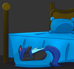 Size: 1456x1368 | Tagged: safe, artist:askhypnoswirl, oc, oc only, oc:swift dawn, changeling, pony, bed, blue changeling, changeling oc, commission, cute, eyebrows, eyebrows visible through hair, eyes closed, male, pet, pet bed, pony pet, simple background, sleeping, smiling, solo, wings