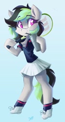 Size: 1954x3650 | Tagged: safe, artist:saxopi, oc, oc only, oc:elli, earth pony, pony, semi-anthro, arm hooves, bipedal, clothes, racket, simple background, solo