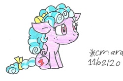 Size: 904x596 | Tagged: safe, artist:cmara, cozy glow, pegasus, pony, g4, bow, female, filly, freckles, hair bow, sad, simple background, solo, traditional art, white background