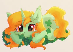 Size: 1500x1074 | Tagged: safe, artist:astralblues, oc, oc only, pony, unicorn, clover, cute, ear fluff, fluffy, hoof fluff, leg fluff, lying down, orange eyes, solo