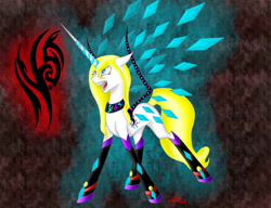 Size: 2000x1536 | Tagged: safe, artist:crystalcontemplator, oc, oc only, pony, unicorn, artificial wings, augmented, choker, horn, mechanical wing, sharp teeth, solo, teeth, unicorn oc, wings