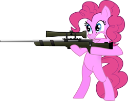 Size: 2006x1588 | Tagged: dead source, safe, artist:purple-whatever, pinkie pie, earth pony, pony, g4, bipedal, female, gun, juxtaposition bait, mare, optical sight, rifle, scope, simple background, solo, standing, standing on two hooves, transparent background, vector, weapon
