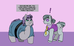 Size: 1544x974 | Tagged: safe, artist:monterrang, maud pie, octavio pie, earth pony, pony, g4, g4.5, my little pony: pony life, brother and sister, colored sclera, duo, exclamation point, fat, female, hoof under chin, larger female, male, mare, maud pudge, obese, physique difference, siblings, smaller male, speech bubble, stallion, strong fat