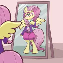 Size: 2048x2048 | Tagged: safe, artist:pfeffaroo, fluttershy, pegasus, pony, fake it 'til you make it, alternate hairstyle, bipedal, braid, clothes, female, glasses, hat, high res, hipstershy, lidded eyes, looking at mirror, mare, mirror, reflection, solo, spread wings, wings