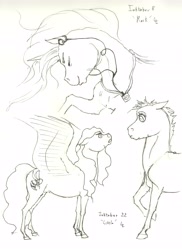 Size: 4709x6474 | Tagged: safe, artist:lady-limule, oc, oc only, earth pony, pegasus, pony, earbuds, earth pony oc, grayscale, inktober 2016, lineart, monochrome, pegasus oc, raised hoof, traditional art, wings