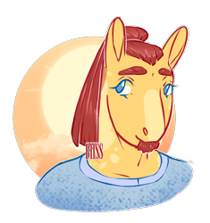 Size: 1728x1842 | Tagged: safe, artist:b11ss, oc, oc only, oc:golden hoof, earth pony, anthro, beard, bust, clothes, facial hair, goatee, male, no pupils, ponytail, portrait, shirt, simple background, solo, stallion, sunset, transparent background