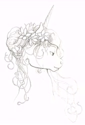 Size: 9116x13424 | Tagged: safe, artist:lady-limule, oc, oc only, oc:starry dreams, pony, unicorn, bust, flower, flower in hair, grayscale, horn, lineart, monochrome, traditional art, unicorn oc