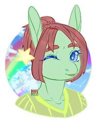 Size: 1227x1482 | Tagged: safe, artist:b11ss, oc, oc only, anthro, bust, cloud, colored pupils, cute, male, one eye closed, open mouth, outdoors, ponytail, rainbow, simple background, smiling, solo, stars, transparent background, watermark, wink