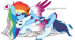 Size: 645x385 | Tagged: safe, artist:rainviv, rainbow dash, soarin', pegasus, pony, g4, base used, cuddling, duo, female, male, mare, pillow, redesign, ship:soarindash, shipping, simple background, sleeping, snuggling, stallion, straight, transparent background