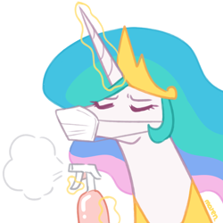 Size: 2800x2800 | Tagged: safe, artist:maren, princess celestia, alicorn, pony, g4, eyes closed, female, high res, levitation, magic, mare, mask, solo, spray, spray bottle, telekinesis