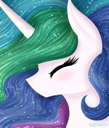 Size: 2000x2338 | Tagged: safe, artist:rainviv, princess celestia, alicorn, pony, g4, ethereal mane, eyes closed, female, flowing mane, high res, horn, mare, solo, sparkles, sparkly mane