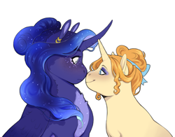 Size: 1500x1176 | Tagged: safe, artist:celeriven, princess luna, pumpkin cake, alicorn, pony, unicorn, g4, female, frown, lesbian, looking at each other, mare, older, older pumpkin cake, pumpkinluna, redraw, shipping, simple background, smiling, white background