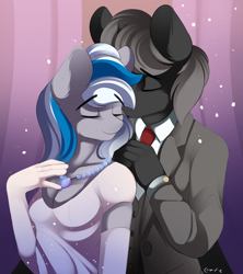 Size: 2578x2909 | Tagged: source needed, safe, artist:conrie, oc, oc only, oc:lady lightning strike, oc:the ghost, pegasus, unicorn, anthro, big breasts, black fur, black suit, blue highlight, breasts, cleavage, clothes, dress, evening gloves, eyes closed, formal wear, gloves, grey fur, hand on shoulder, high res, jewelry, long gloves, necklace, suit, white dress