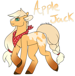 Size: 2690x2730 | Tagged: safe, artist:articfoxdraws, applejack, earth pony, pony, g4, alternate hairstyle, bandana, female, freckles, grin, high res, mare, markings, missing cutie mark, raised hoof, raised leg, redesign, simple background, smiling, solo, transparent background, unshorn fetlocks