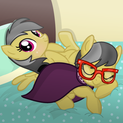 Size: 1456x1456 | Tagged: safe, artist:grapefruitface1, a.k. yearling, daring do, pegasus, pony, g4, base used, bed, blushing, cloak, clothes, cute, daring dorable, duality, eyes closed, glasses, looking at you, pillow, self ponidox, show accurate, sleeping, smiling
