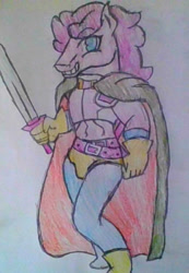 Size: 1200x1739 | Tagged: safe, artist:midday sun, pinkie pie, earth pony, anthro, g4, alternate hairstyle, armor, belt, belts, boots, cape, clothes, gloves, hoers, knight, shoes, solo, sword, tights, traditional art, weapon, words worth